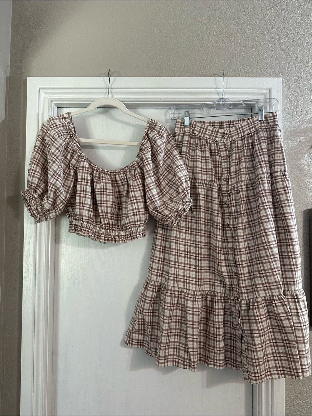 Rylee + Cru Brown and Cream Plaid Tiered Midi Skirt